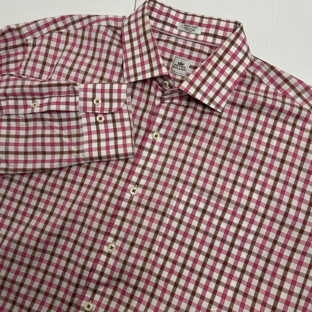 Peter Millar Shirt MENS XL Pink Brown Plaid Long Sleeve Button Down 100% Cotton
